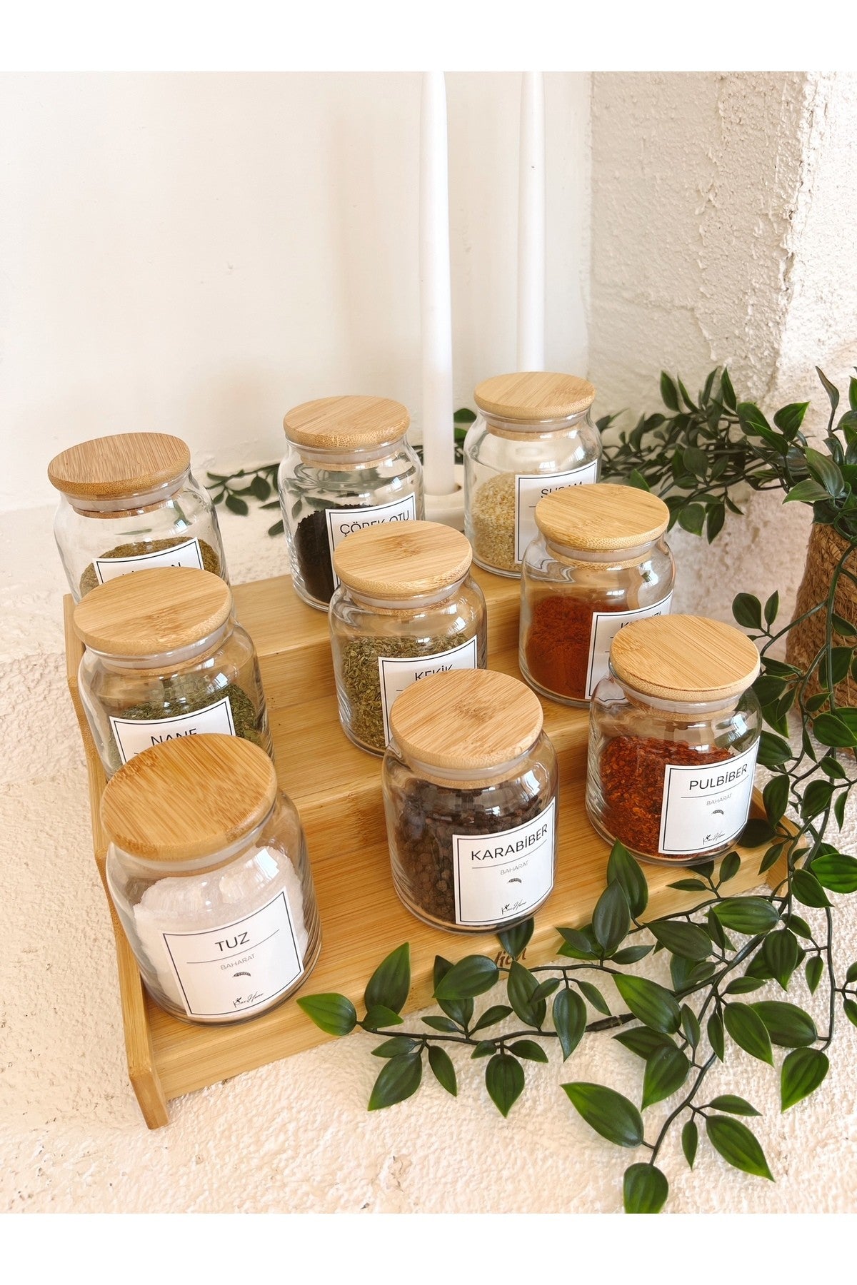 Bambu Vakum Kapaklı, Etiketli 12Li Cam Baharat Seti 12 Parça Cam