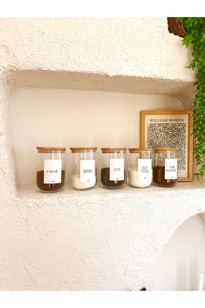 Bambu Kapak Vakumlu, Etiketli 5Li Cam Saklama Kabı