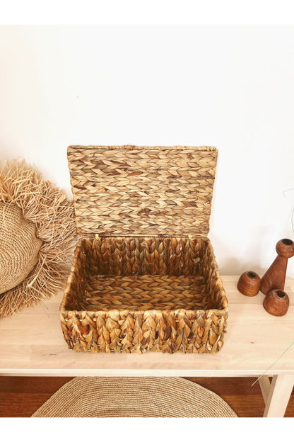 Hasır Su Sümbülü Kapaklı 36x26x16cm Dikdörtgen Düzenleyici/Sepet/Organizer