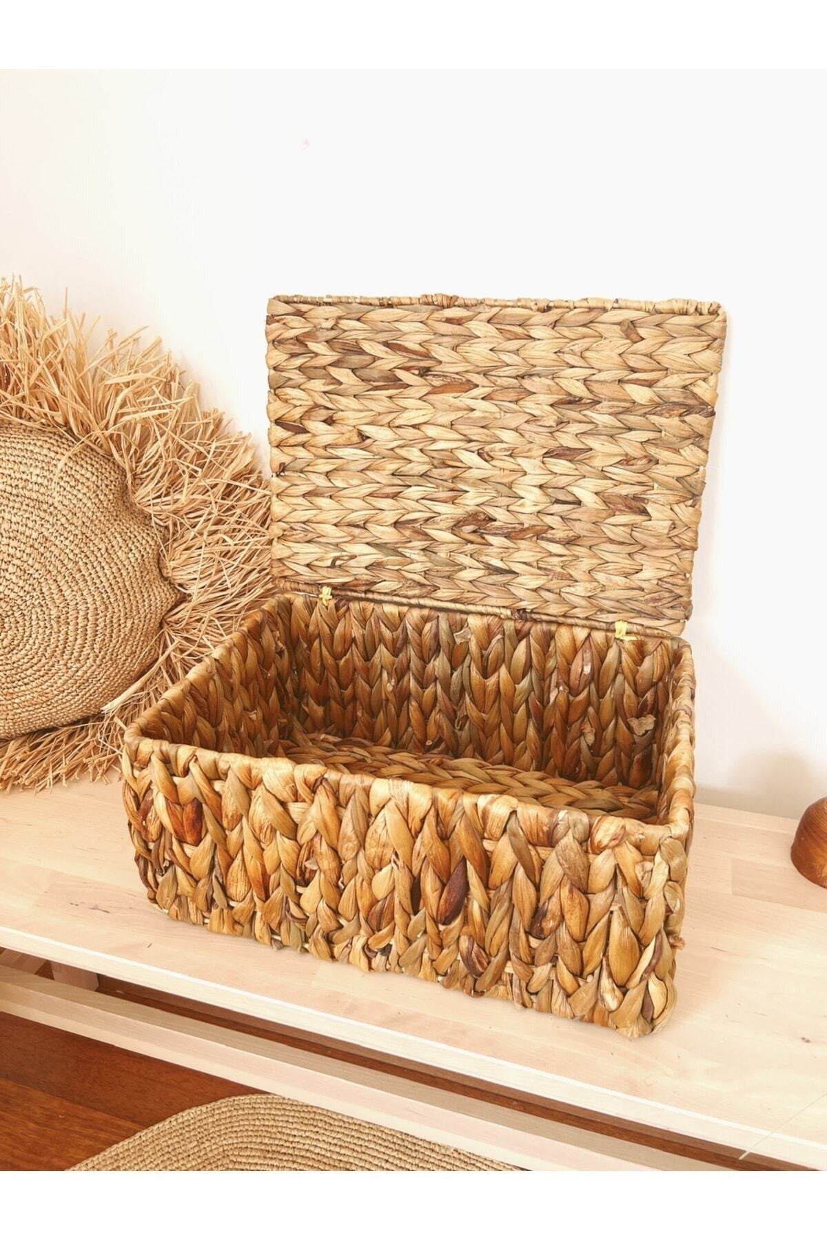 Hasır Su Sümbülü Kapaklı 36x26x16cm Dikdörtgen Düzenleyici/Sepet/Organizer