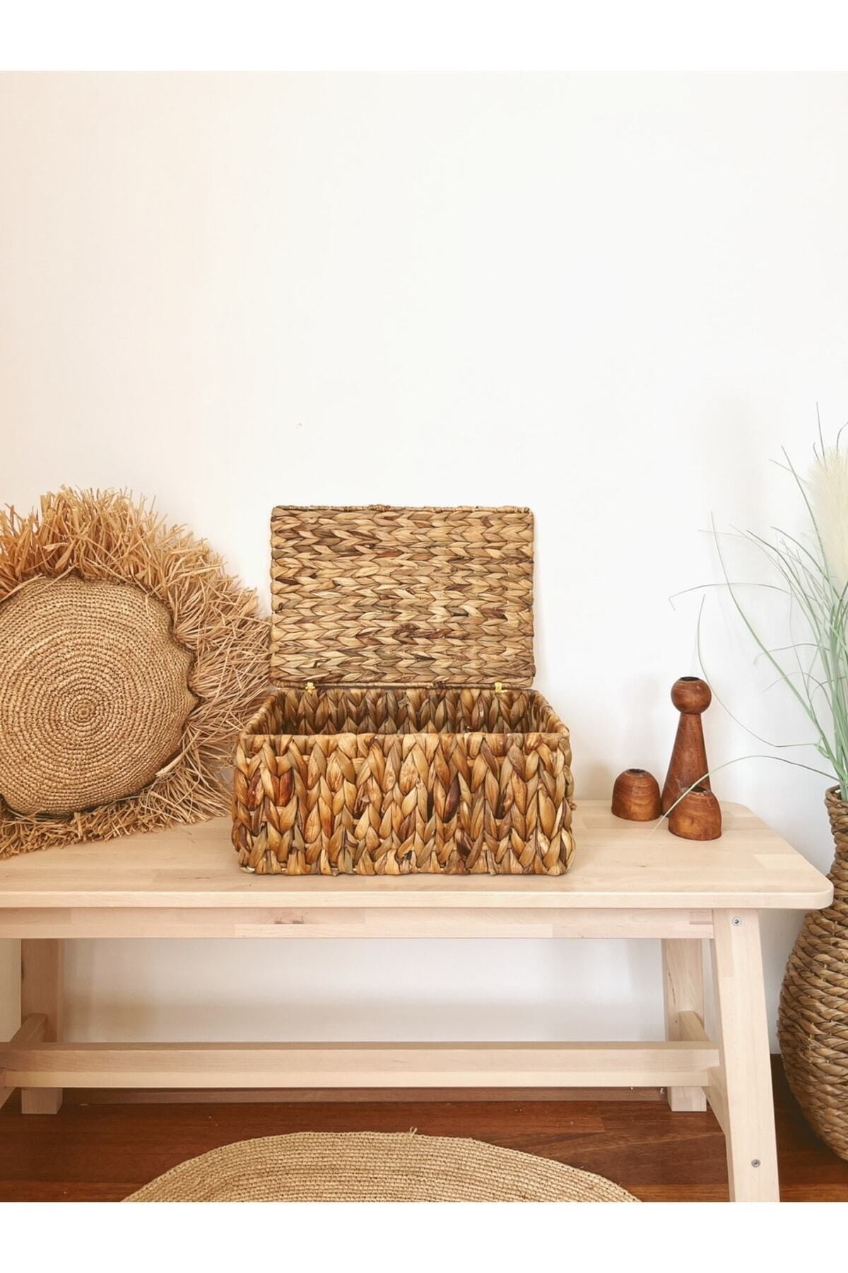 Hasır Su Sümbülü Kapaklı 36x26x16cm Dikdörtgen Düzenleyici/Sepet/Organizer