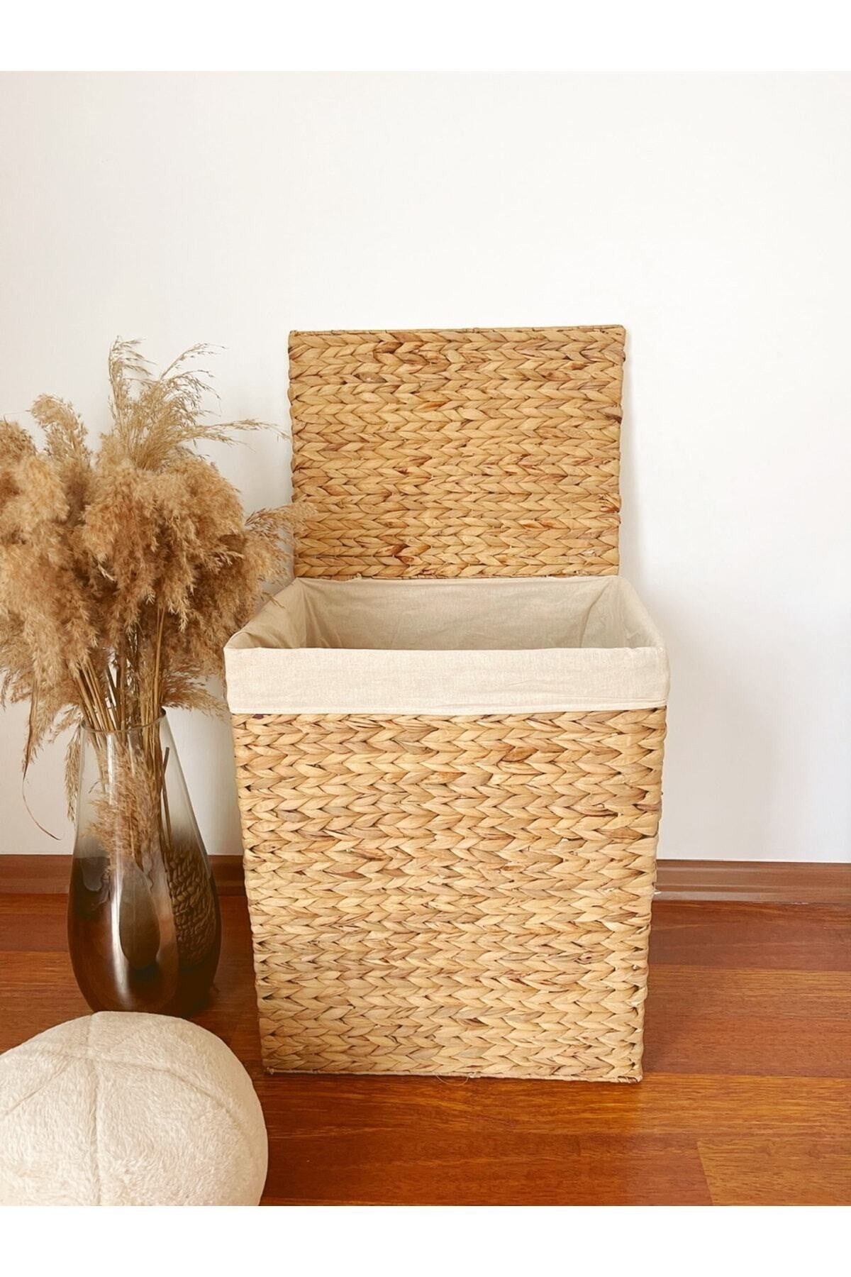 Hasır Su Sümbülü Büyük Boy Kapaklı Çamaşır Sepeti / Düzenleyici