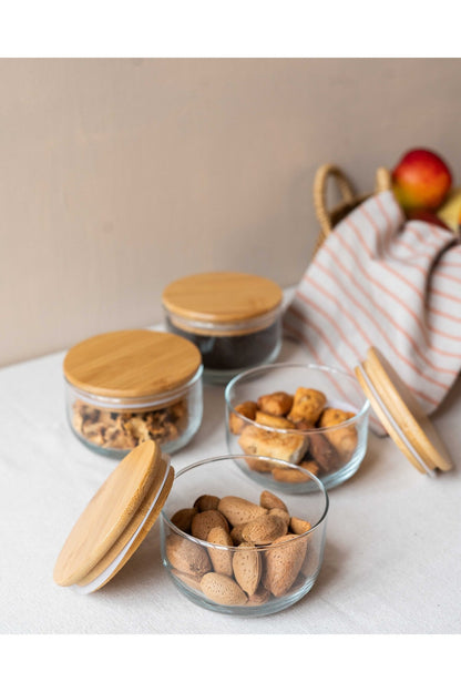4 Bambu 4Lü Vakum Kapaklı Kahvaltı Seti/Saklama Kabı Cam Turuncu