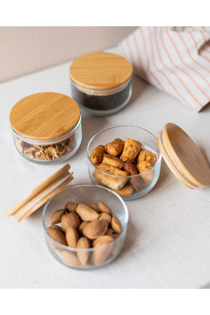 4 Bambu 4Lü Vakum Kapaklı Kahvaltı Seti/Saklama Kabı Cam Turuncu