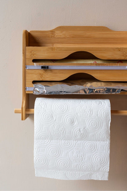 Bambu Raflı Streç Folyo Kesme Kutusu Ve Kağıt Havlu Askılığı