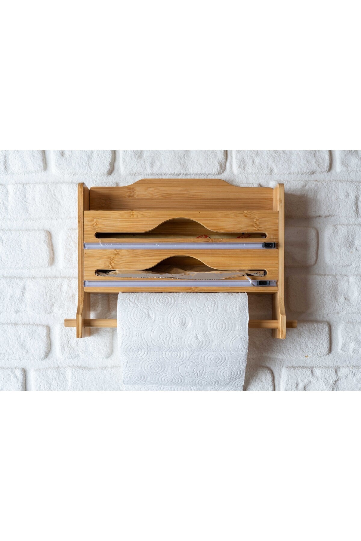 Bambu Raflı Streç Folyo Kesme Kutusu Ve Kağıt Havlu Askılığı