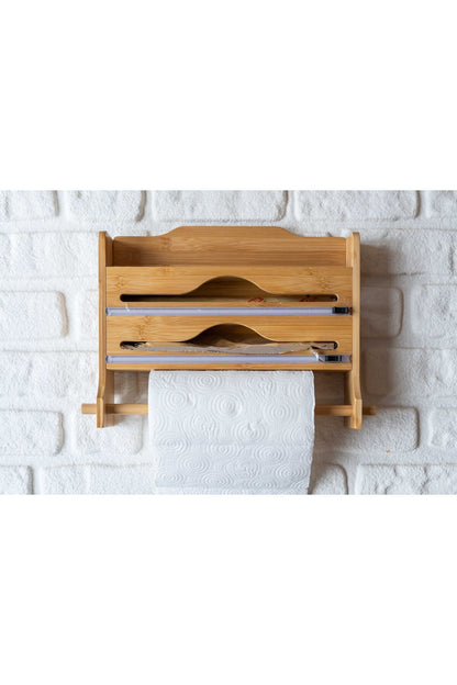 Bambu Raflı Streç Folyo Kesme Kutusu Ve Kağıt Havlu Askılığı