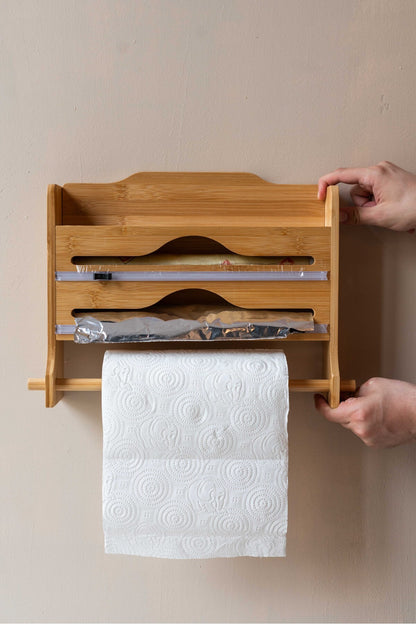 Bambu Raflı Streç Folyo Kesme Kutusu Ve Kağıt Havlu Askılığı