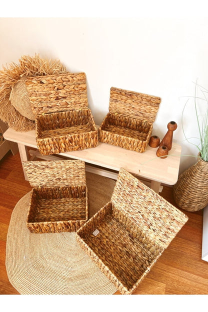 Hasır Su Sümbülü Kapaklı 32x21x14cm Dikdörtgen Düzenleyici/Sepet/Organizer