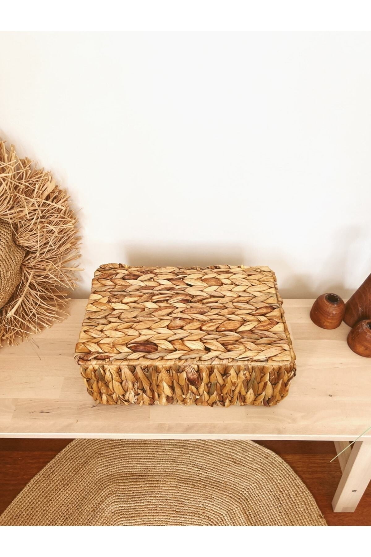 Hasır Su Sümbülü Kapaklı 32x21x14cm Dikdörtgen Düzenleyici/Sepet/Organizer