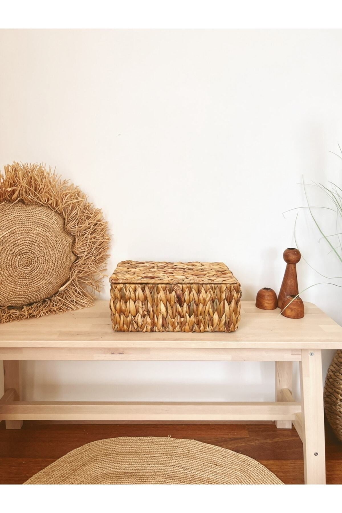 Hasır Su Sümbülü Kapaklı 32x21x14cm Dikdörtgen Düzenleyici/Sepet/Organizer