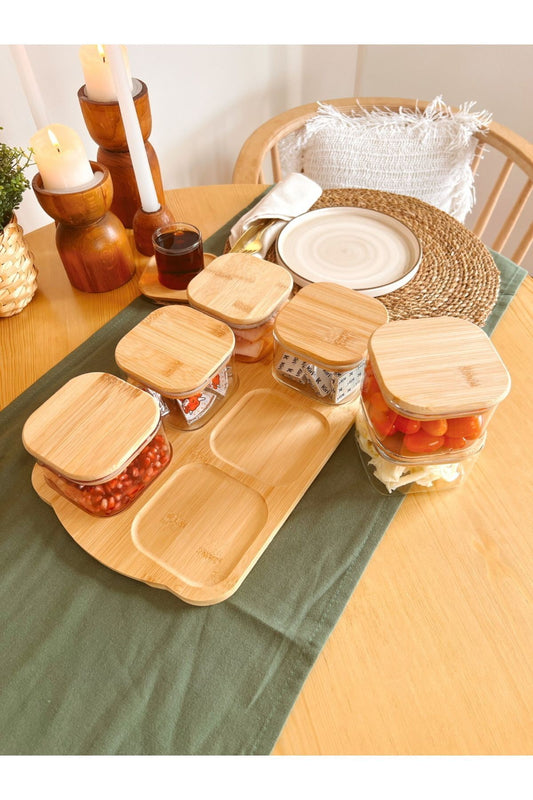 Bambu Tepsili ve Bambu Vakum Kapaklı 6Lı Cam Kahvaltılık