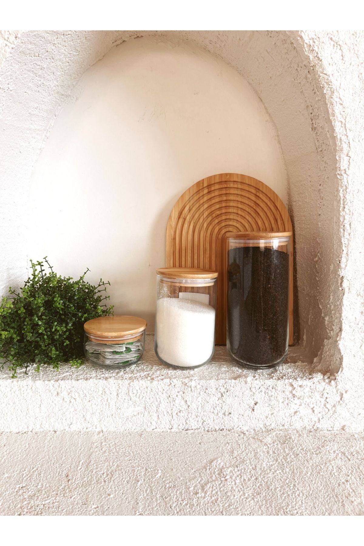 Bambu Vakum Kapaklı 1 Adet Büyük Boy, 1 Adet Orta Boy, 1 adet Küçük Boy Cam Kavanoz