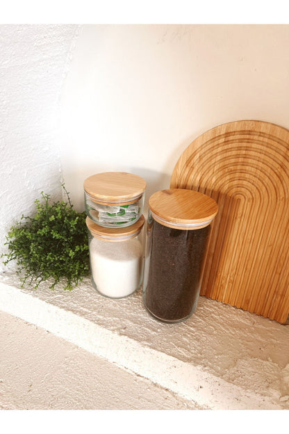 Bambu Vakum Kapaklı 1 Adet Büyük Boy, 1 Adet Orta Boy, 1 adet Küçük Boy Cam Kavanoz