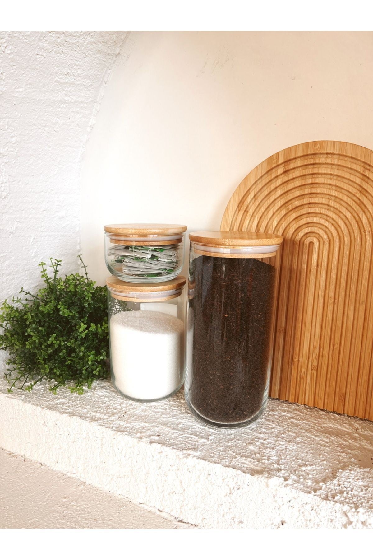 Bambu Vakum Kapaklı 1 Adet Büyük Boy, 1 Adet Orta Boy, 1 adet Küçük Boy Cam Kavanoz