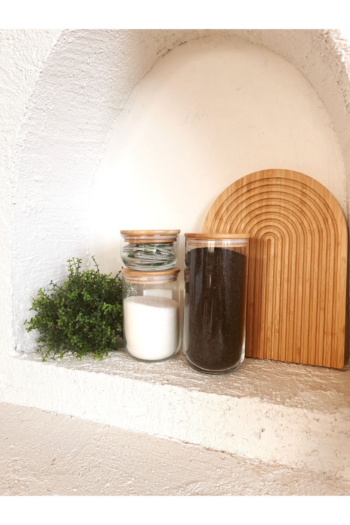 Bambu Vakum Kapaklı 1 Adet Büyük Boy, 1 Adet Orta Boy, 1 adet Küçük Boy Cam Kavanoz