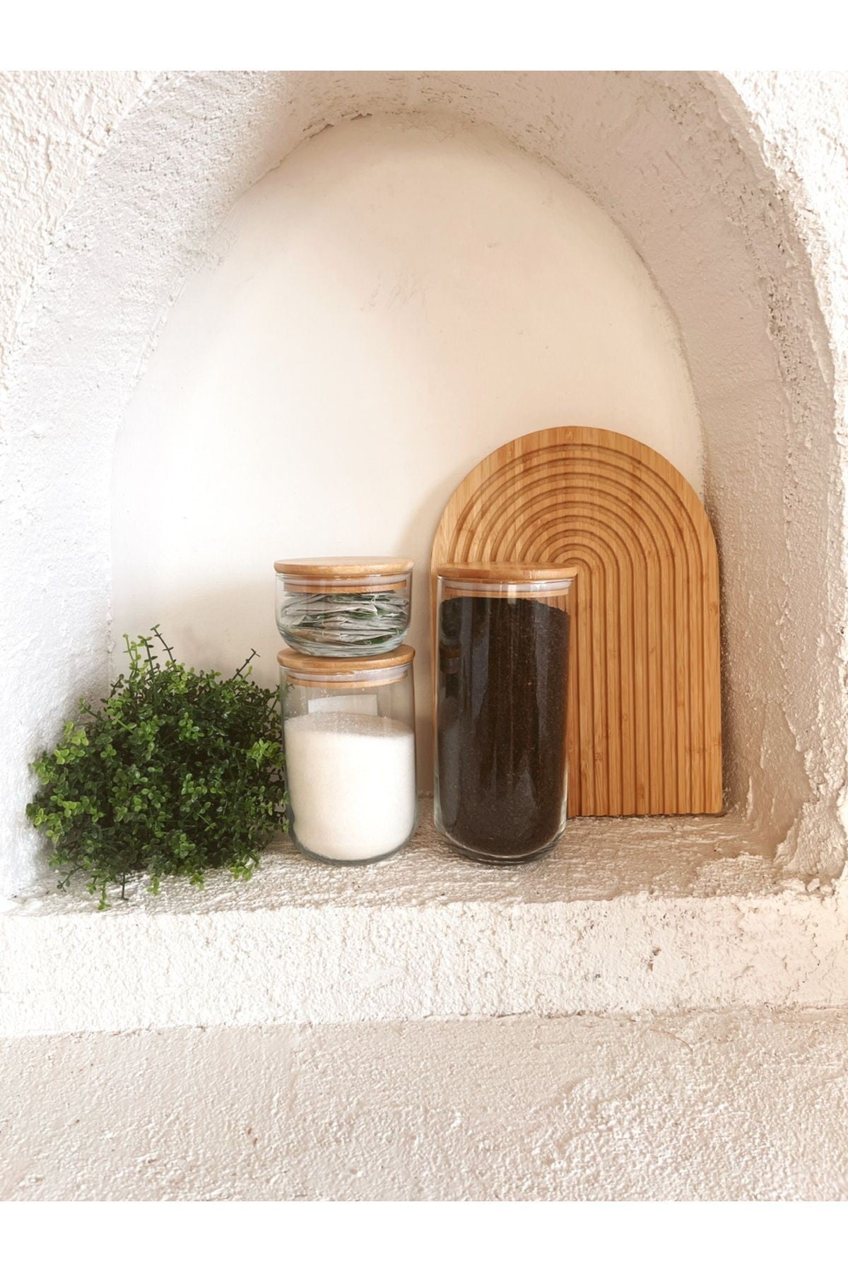 Bambu Vakum Kapaklı 1 Adet Büyük Boy, 1 Adet Orta Boy, 1 adet Küçük Boy Cam Kavanoz