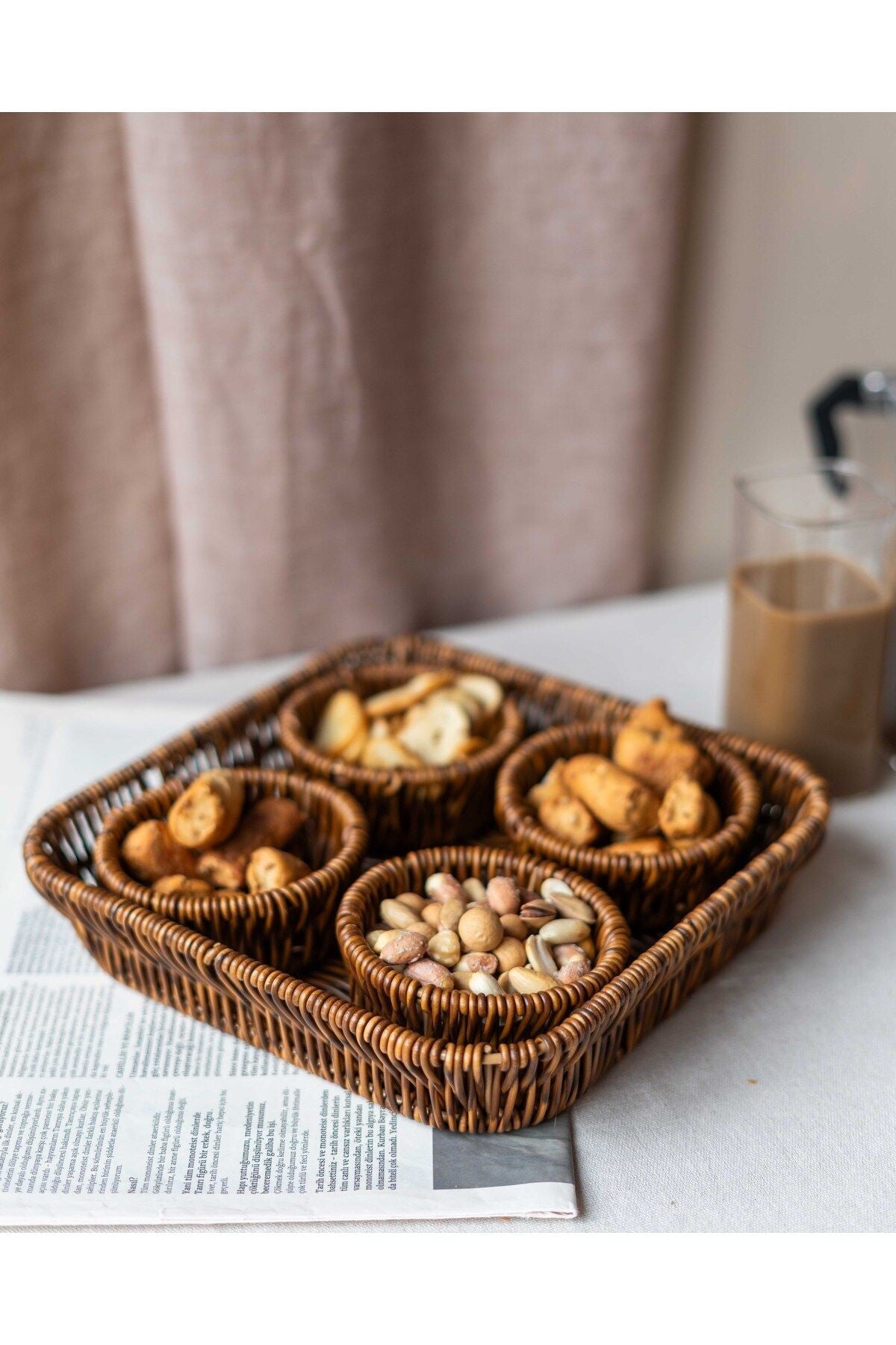 5 Parça Rattan Görünümlü Çerezlik / Sunumluk / Piknik Seti