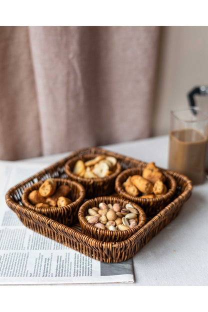 5 Parça Rattan Görünümlü Çerezlik / Sunumluk / Piknik Seti