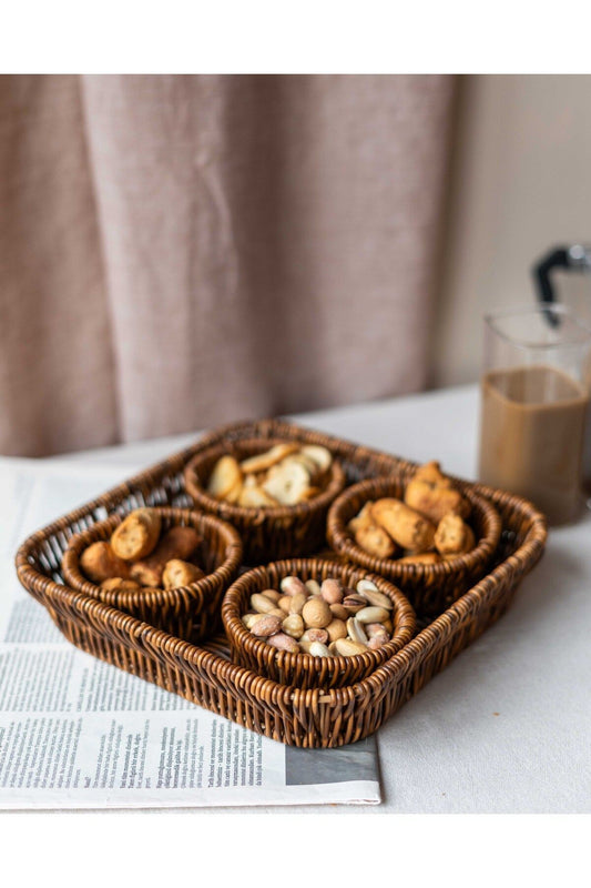 5 Parça Rattan Görünümlü Çerezlik / Sunumluk / Piknik Seti