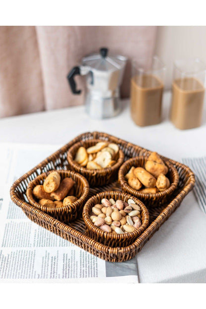 5 Parça Rattan Görünümlü Çerezlik / Sunumluk / Piknik Seti