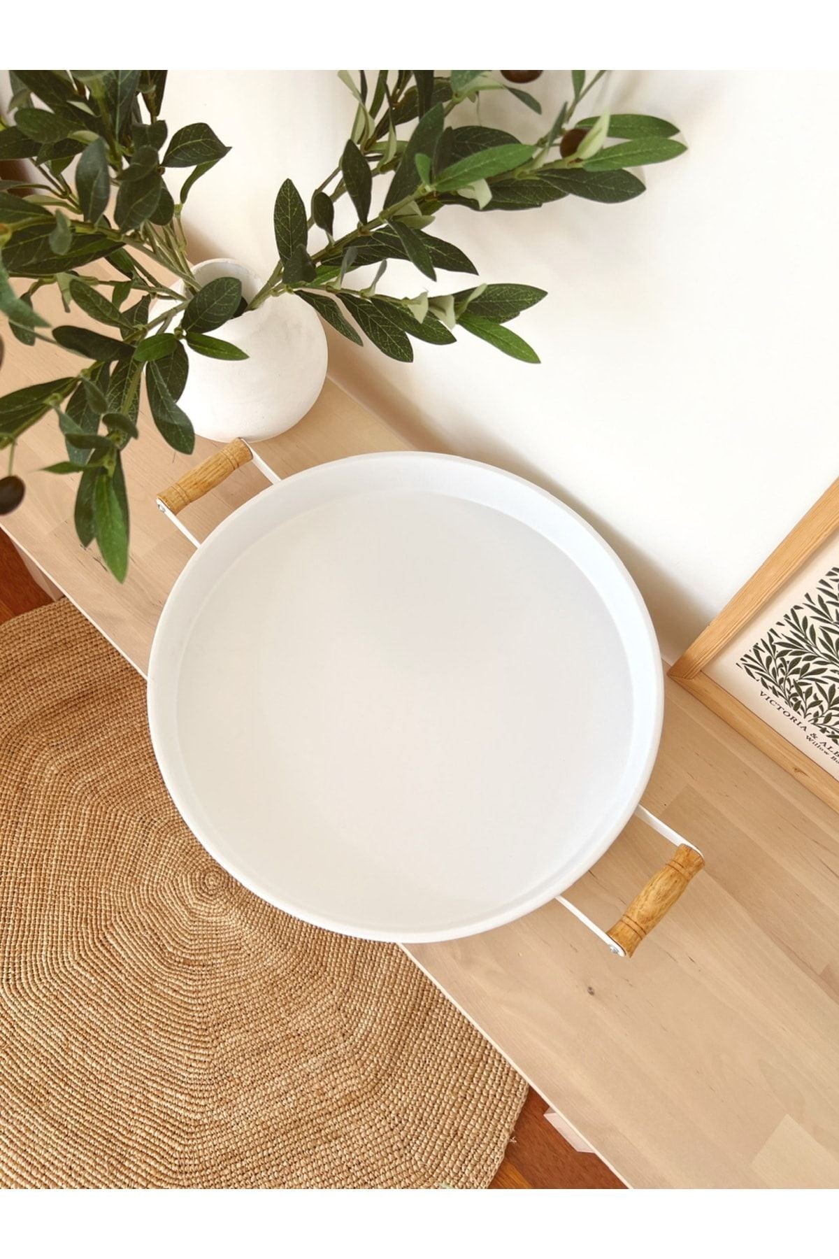 Country Tarzı 47cm Ahşap Kulplu Yuvarlak Büyük Boy Beyaz Tepsi