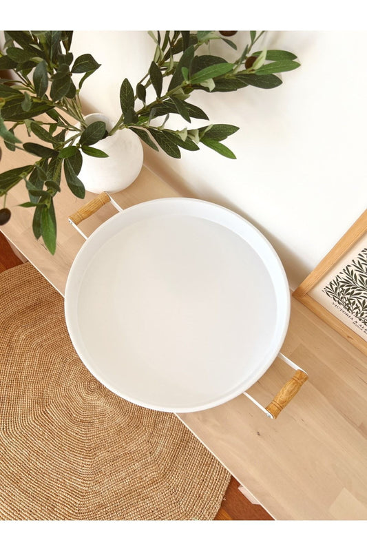 Country Tarzı 47cm Ahşap Kulplu Yuvarlak Büyük Boy Beyaz Tepsi