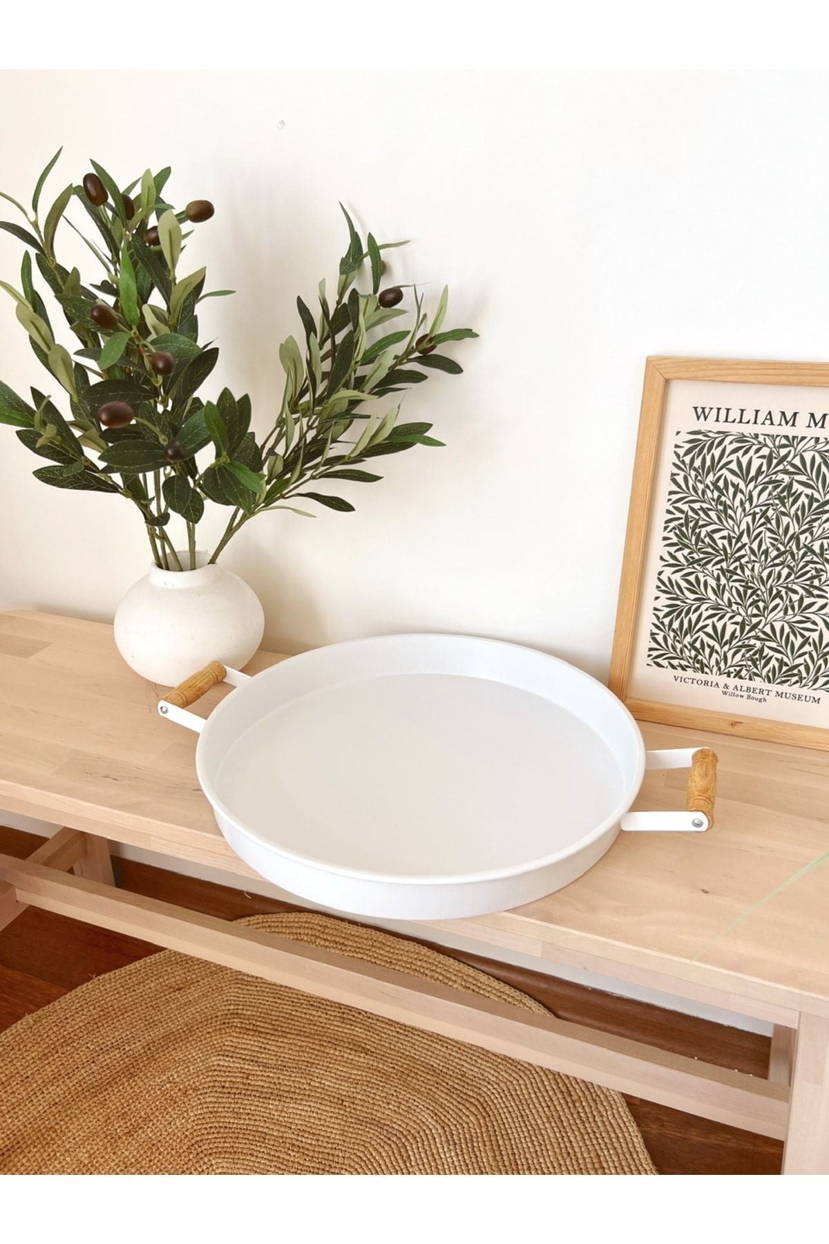 Country Tarzı 47cm Ahşap Kulplu Yuvarlak Büyük Boy Beyaz Tepsi