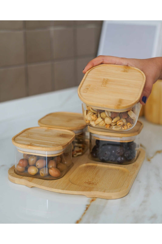 Bambu Tepsili ve Bambu Vakum Kapaklı 4Lü Cam Kahvaltılık