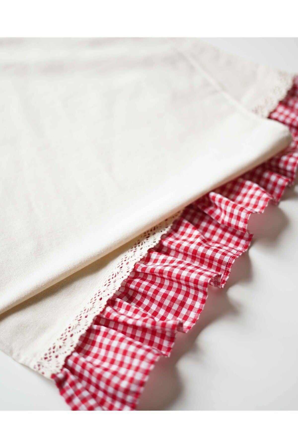 Kareli Fırfırlı Ham Keten Runner 150cm