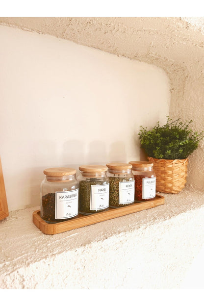 Bambu Vakum Kapaklı 4lü Etiketli Cam Baharat Seti 16 Adet Etiket Ile