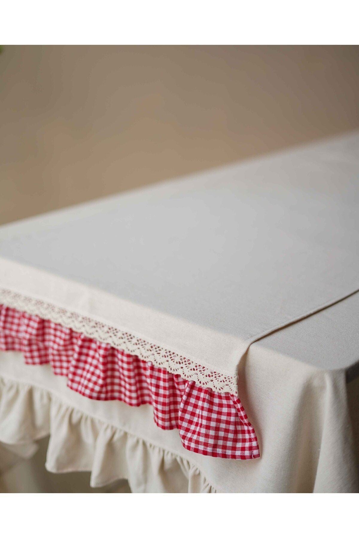 Kareli Fırfırlı Ham Keten Runner 150cm