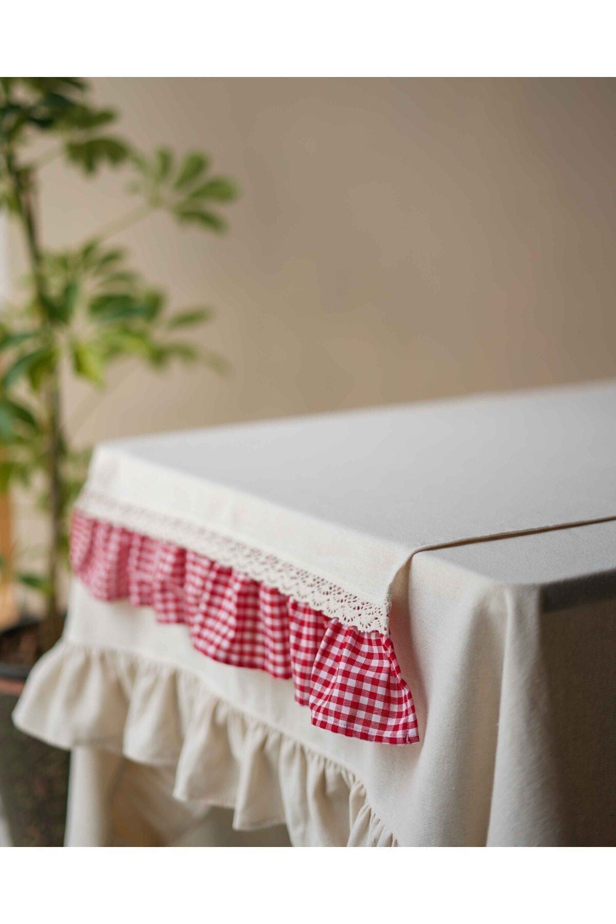 Kareli Fırfırlı Ham Keten Runner 150cm