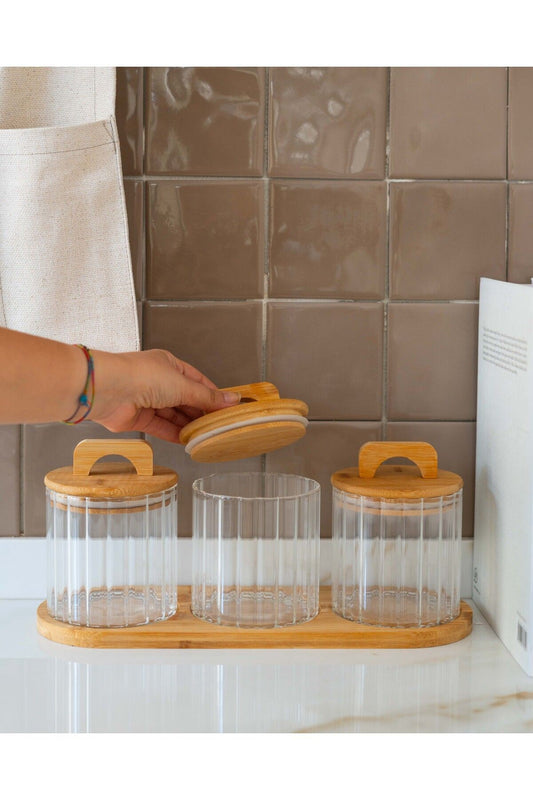 3’Lü Bambu Kapaklı Stantlı Kavanoz Seti