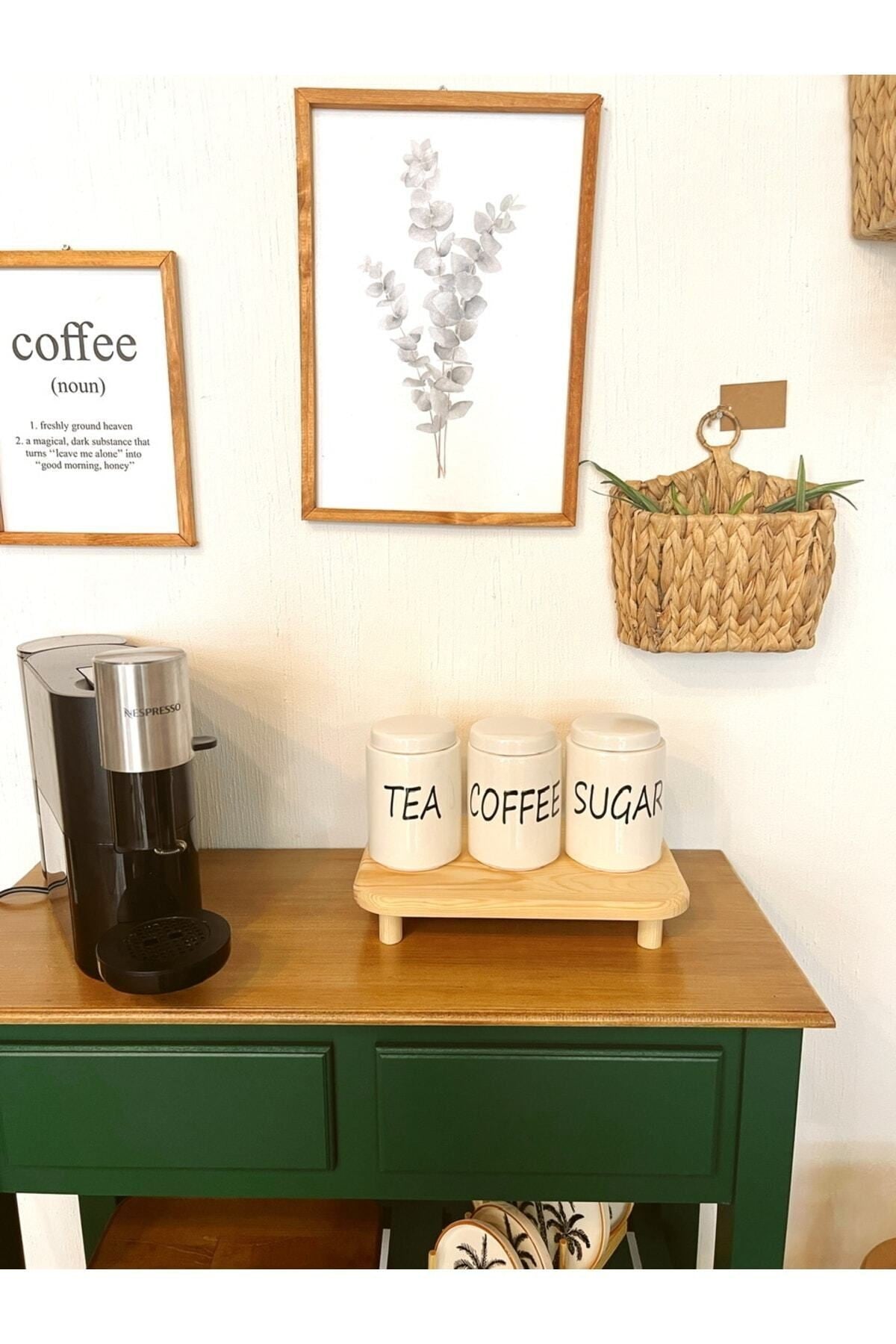 3lü Porselen Altlıklı 680ml Tea/coffee/sugar Kavanoz Seti