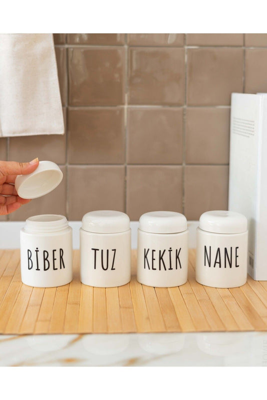 4Lü Porselen 350ML  Nane/Kekik/Tuz/Biber Baharat Seti