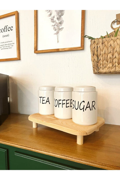 3lü Porselen Altlıklı 680ml Tea/coffee/sugar Kavanoz Seti