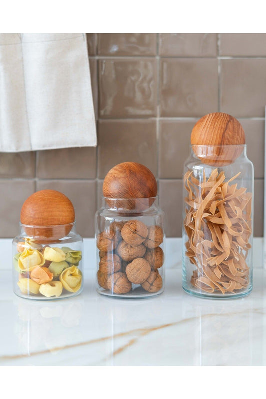 3’Lü Ahşap Top Kapaklı Cam Kavanoz Seti