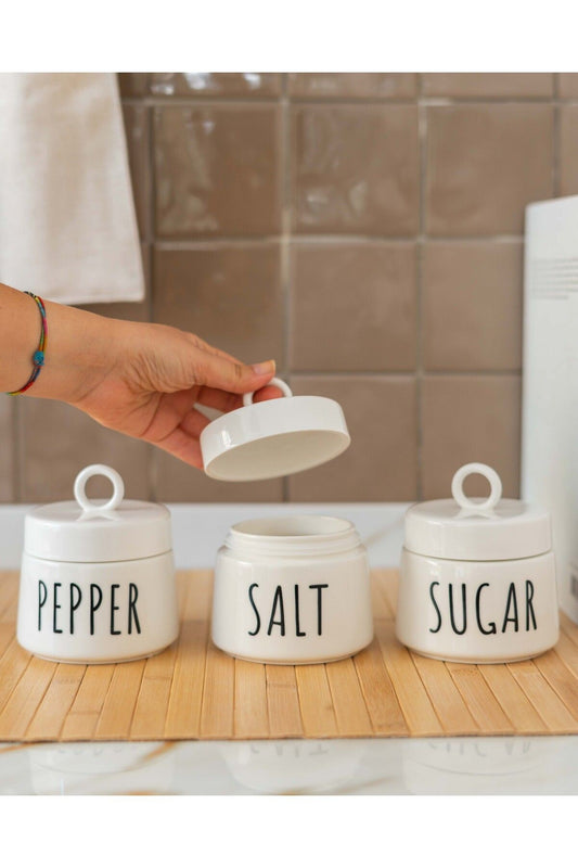 3Lü Porselen Kulplu Kapak 350ML Salt/Pepper/Sugar Kavanoz Seti