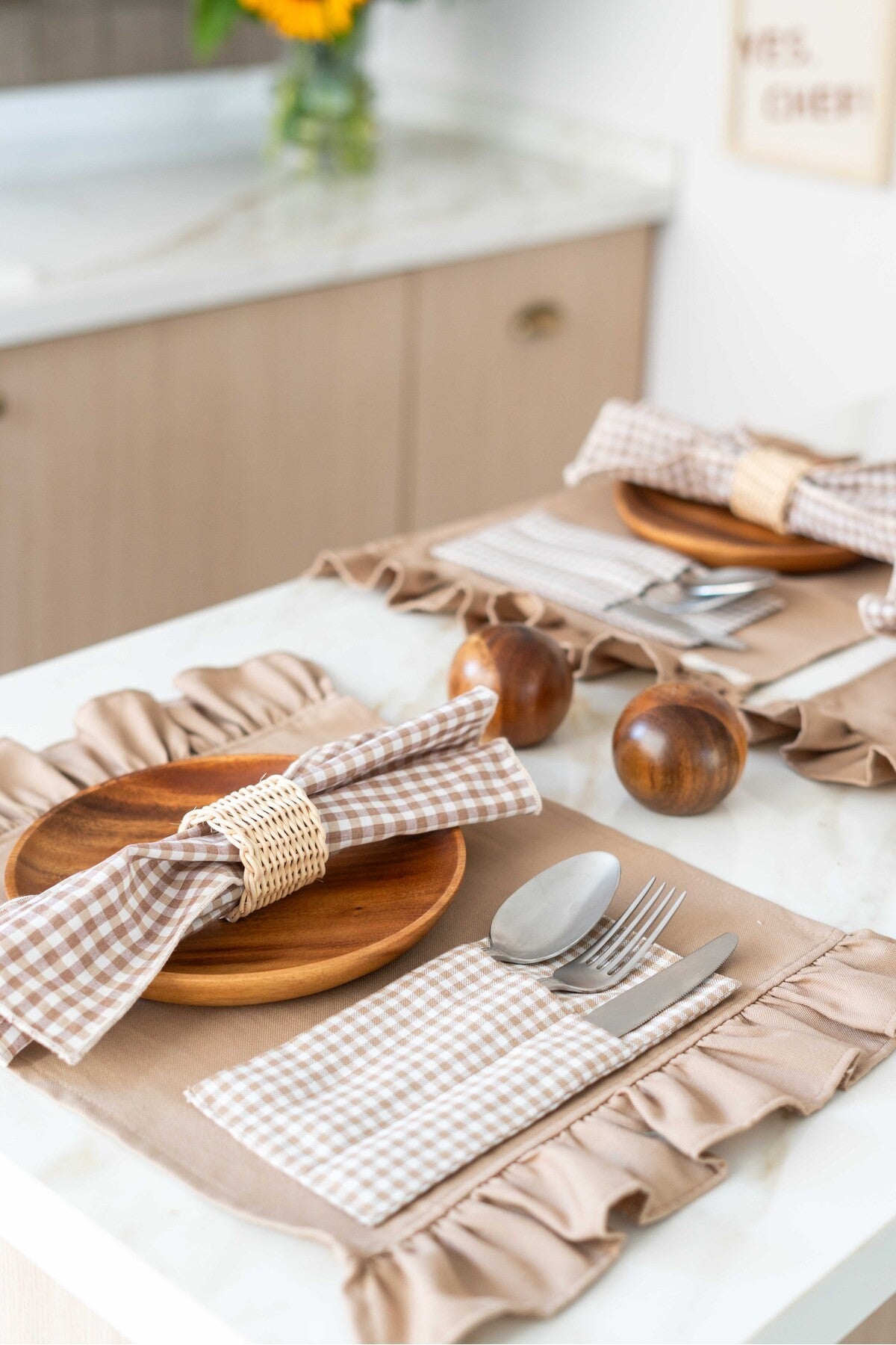 2Li %100 Keten Kumaş Kareli Kahverengi Peçete