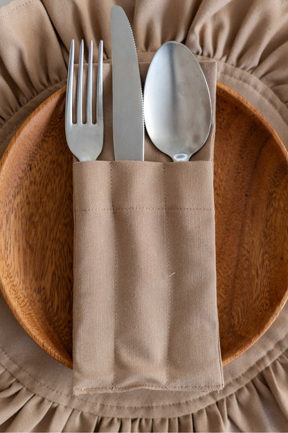 6Lı %100 Dak Keten 3 Bölmeli Kaşıklık / Çatal-Kaşık-Bıçak Kılıfı