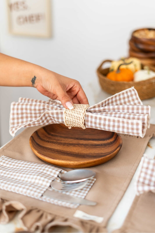 2Li %100 Keten Kumaş Kareli Kahverengi Peçete