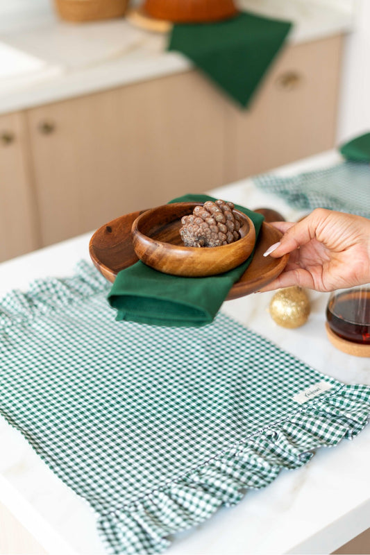 2Li %100 Dak Keten Fırfır Detaylı Amerikan Servis/ Supla YEŞİL KARELİ