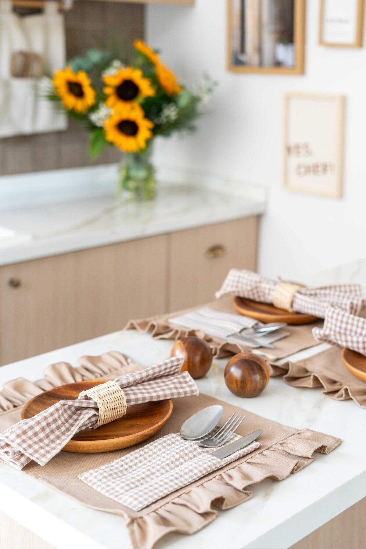 6Lı  %100 Keten Kumaş Kareli Kahverengi Peçete