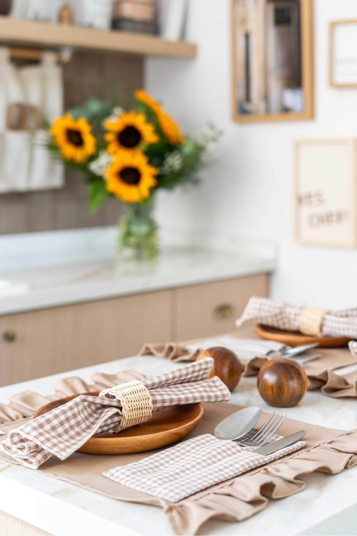 6Lı  %100 Keten Kumaş Kareli Kahverengi Peçete