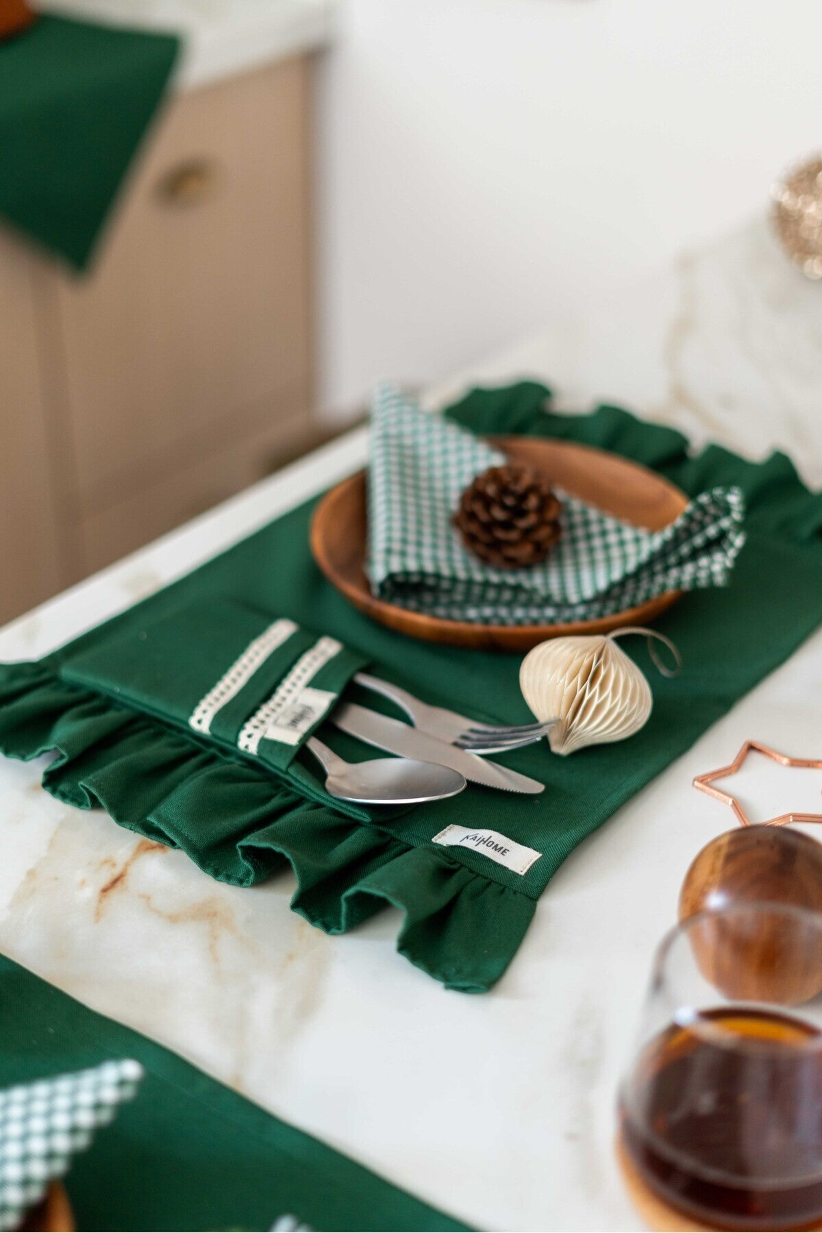 2li %100 Dak Keten Dantel Detaylı 2 Bölmeli Kaşıklık / Peçetelik / Çatal-Kaşık-Bıçak Kılıfı Yeşil