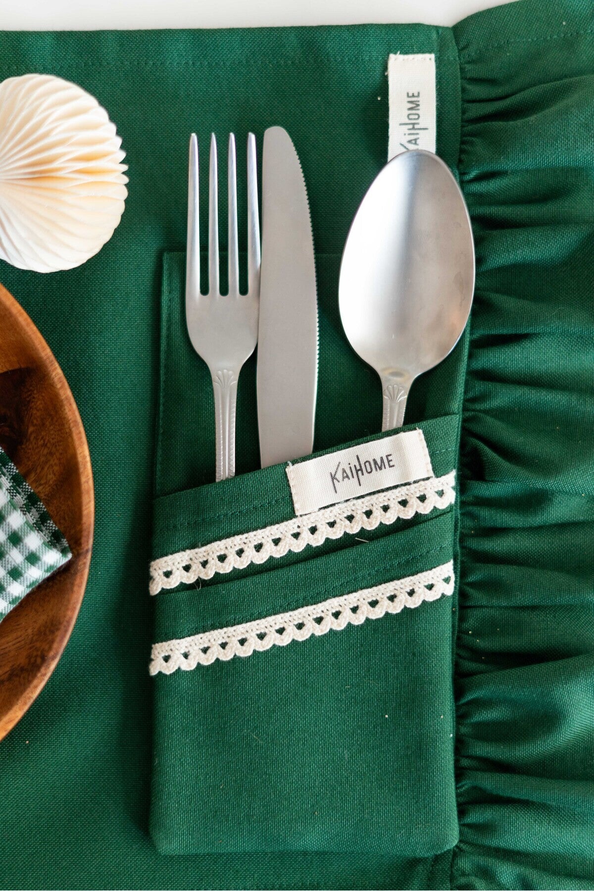 2li %100 Dak Keten Dantel Detaylı 2 Bölmeli Kaşıklık / Peçetelik / Çatal-Kaşık-Bıçak Kılıfı Yeşil