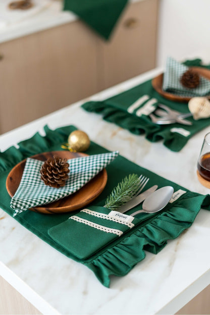 2li %100 Dak Keten Dantel Detaylı 2 Bölmeli Kaşıklık / Peçetelik / Çatal-Kaşık-Bıçak Kılıfı Yeşil