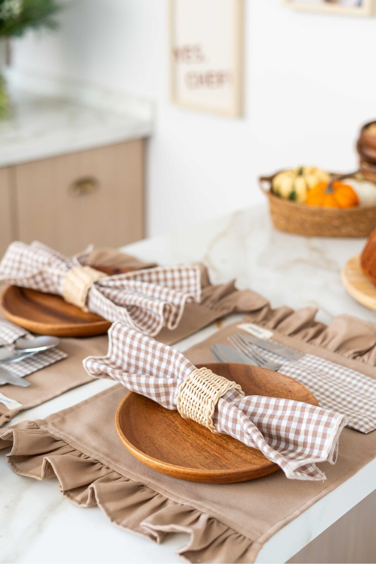 6Lı  %100 Keten Kumaş Kareli Kahverengi Peçete