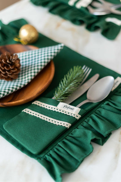 2li %100 Dak Keten Dantel Detaylı 2 Bölmeli Kaşıklık / Peçetelik / Çatal-Kaşık-Bıçak Kılıfı Yeşil